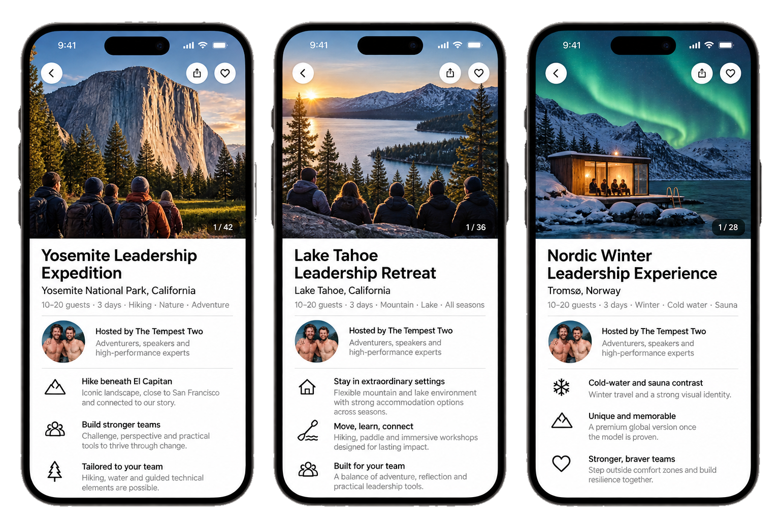 Airbnb-style phone mockups showing the Yosemite, Lake Tahoe and Nordic Winter leadership experience options